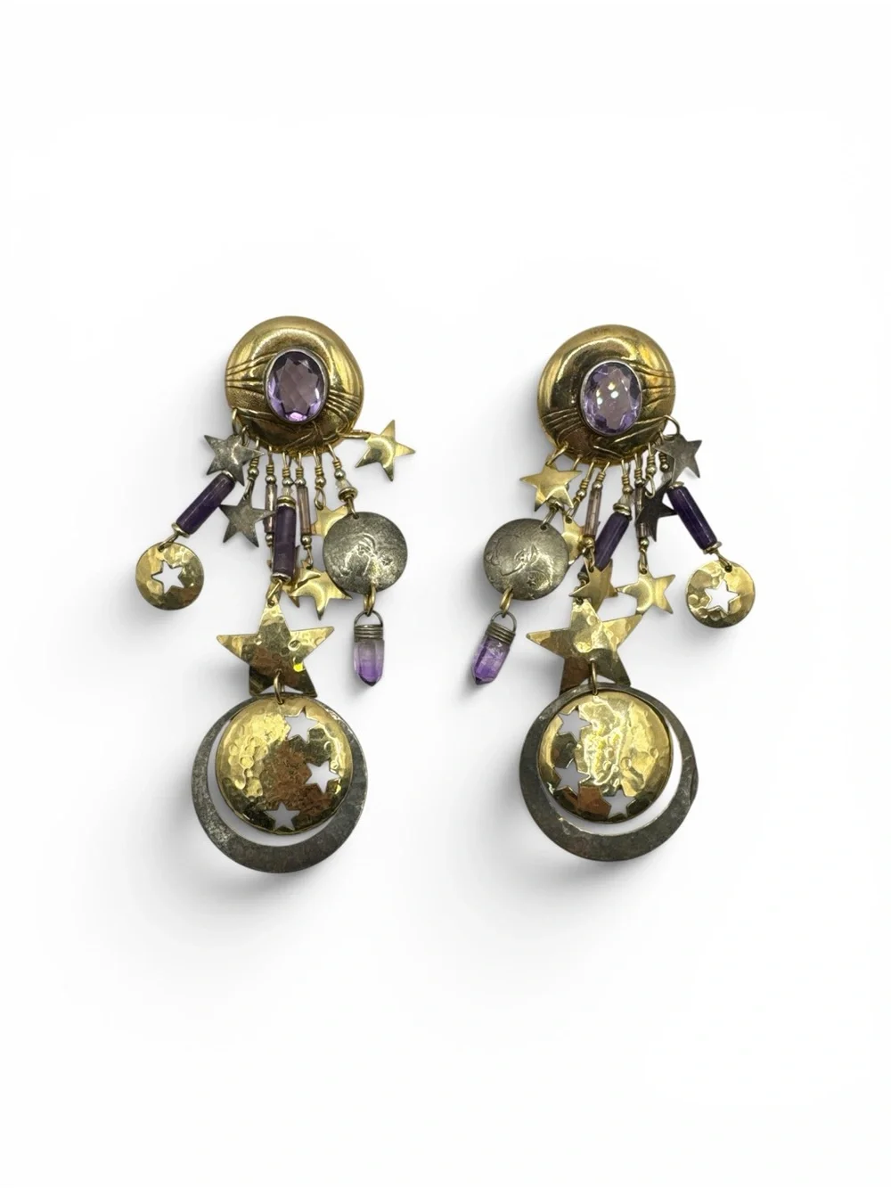 Vintage Sterling Silver 14K GF Tabra Purple Tourmaline Amethyst Earrings 4”